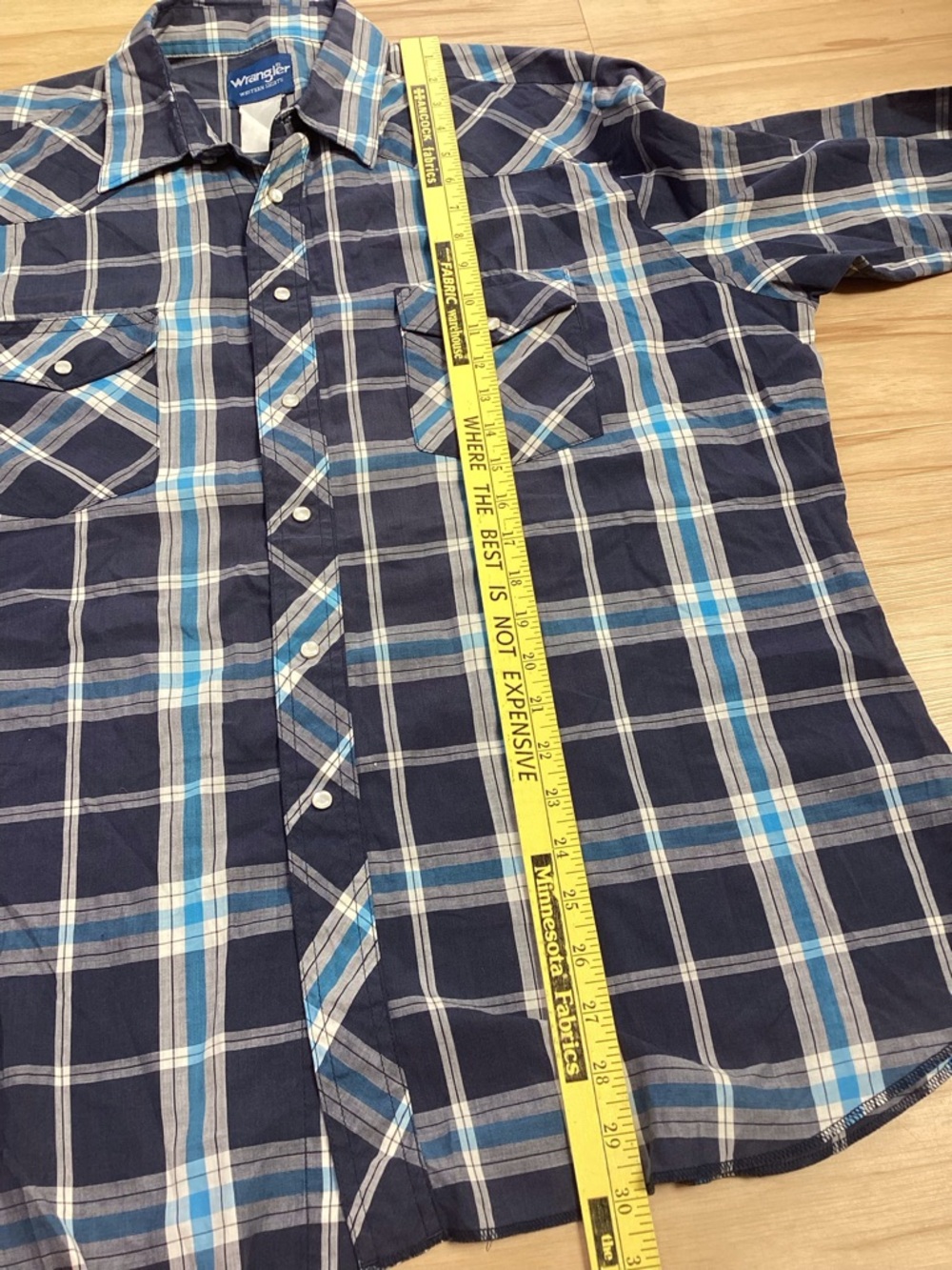 Y2K Wrangler Navy & Light Blue Plaid Pearl Snap Shirt XL‎ Western Cowboy Rodeo - Picture 6 of 8